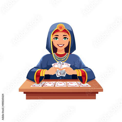 A smiling woman in traditional attire holding playing cards and sitting at a table with cards laid out.