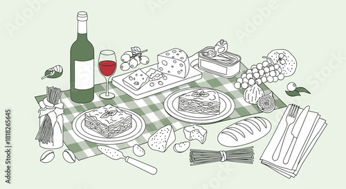 A lovely line art illustration of a traditional Italian dinner spread with lasagna wine cheese and bread on a checkered tablecloth.