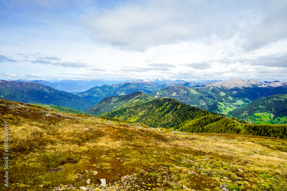 Fototapeta premium View of the Nockberge mountains. Nature near Bad Kleinkirchheim in Austria. Idyllic mountain scenery. Carinthian Nockberge. 