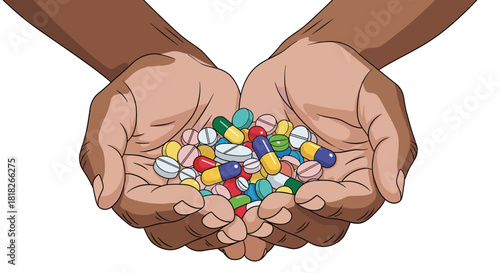 A pair of cupped hands holding a large pile of colorful assorted medical pills capsules and tablets on a white background.