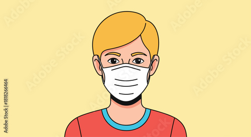 A simple cartoon portrait of a young man with blonde hair wearing a white pleated medical face mask for virus protection.