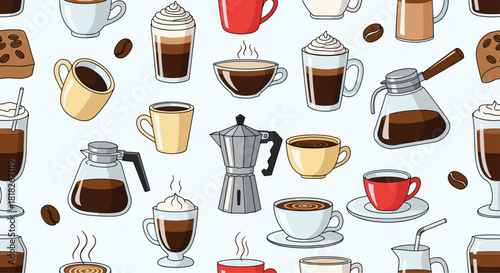 A cute and cozy seamless pattern background of various coffee drinks like espresso lattes and cappuccinos in colorful mugs.