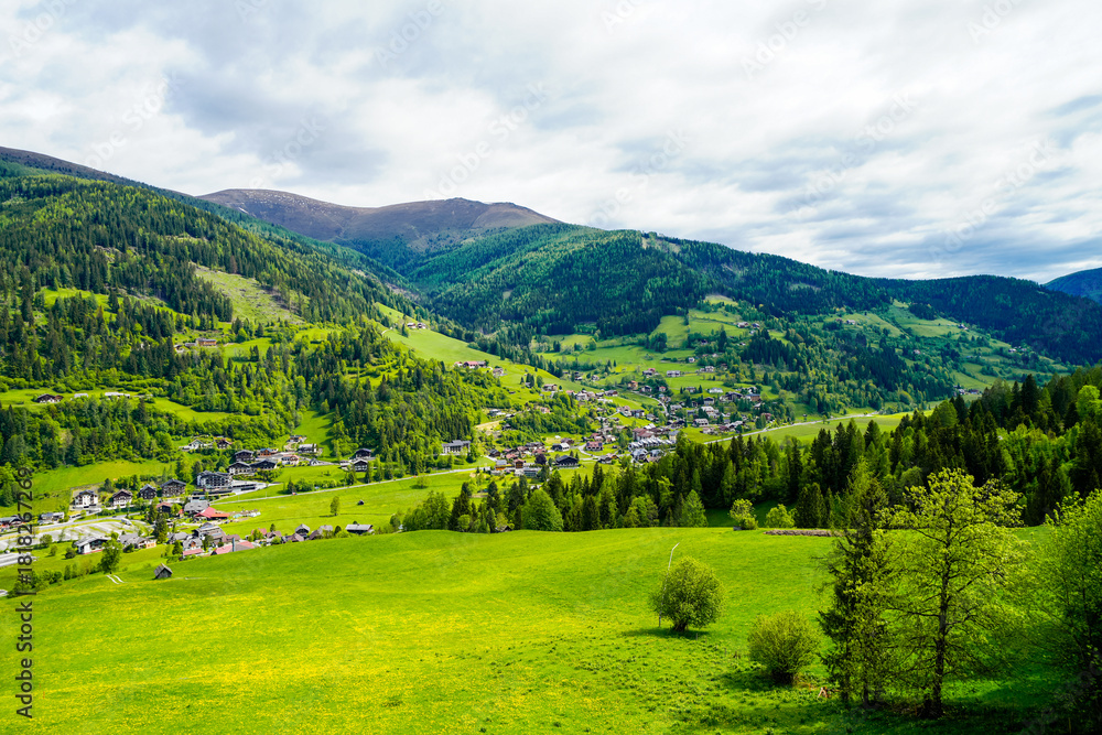 Fototapeta premium View of the Nockberge mountains. Nature near Bad Kleinkirchheim in Austria. Idyllic mountain scenery. Carinthian Nockberge. 