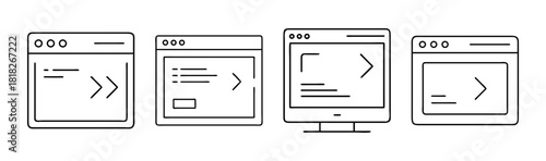 Coding and programming windows interface line art icons set.