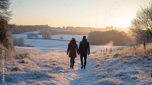 A warm embrace in a winter wonderland. Two lovers walk hand in hand through a frosty landscape. Discover romance and beauty in the snowy scenery. Generative AI