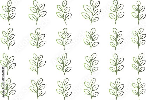 A collection of twenty hand drawn botanical line art illustrations featuring simple, delicate leafy sprigs arranged in a grid pattern on a pale background