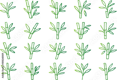 Collection of twenty handdrawn black and white bamboo shoot and branch icons or symbols in various simple artistic styles, isolated on white background