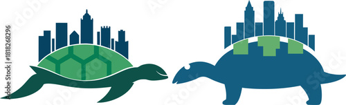 A creative illustration of a turtle with a city skyline forming its shell, designed on a clean white background, blending nature with urban architecture in a unique and modern concept art style