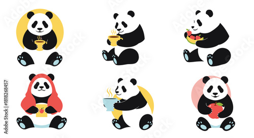 Set of six adorable cartoon pandas sitting and holding various items like tea fruit and an apple for cute character designs.