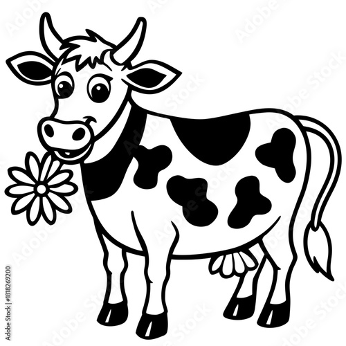 Cartoon cow with flower isolated on, smiling