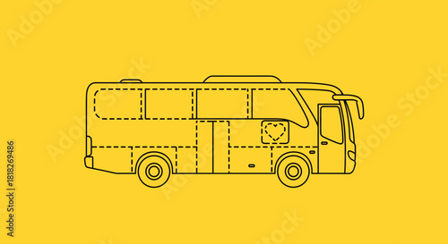 Line drawing of a bus on a yellow background, side view.