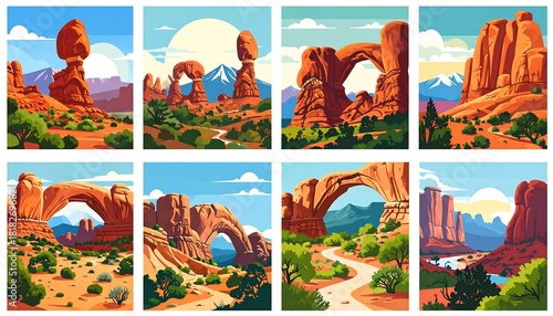 Eight desert landscapes feature iconic sandstone arches and formations under clear, bright skies