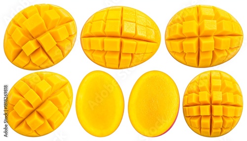 Eight mango sections, some diced, some whole, arranged against a white background, brightly lit and colorful