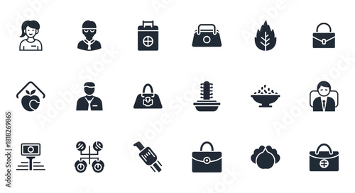 Set of icons featuring woman doctor bag leaf plant food cactus mars rover and business man vector design
