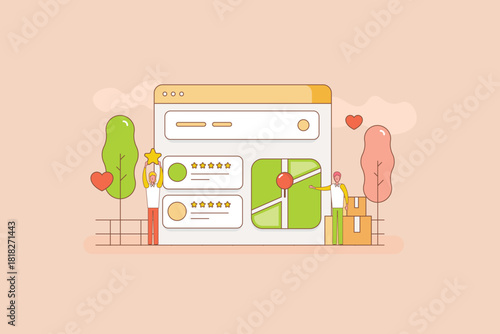 A customer holding star and another pointing business map location delivering social message as business reviews displays on digital platform. 