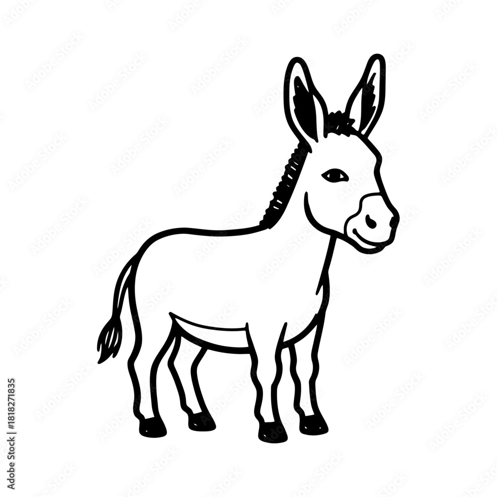 Fototapeta premium A charming hand-drawn black and white outline illustration of a friendly standing donkey, ideal for children's books, educational materials, or simple graphic designs.