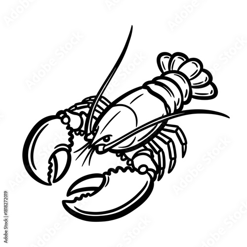 A striking black and white line art illustration of a majestic lobster, showcasing its prominent claws and segmented body, ideal for seafood branding or marine-themed designs.