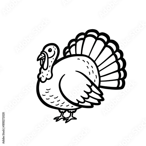 A charming black and white line art illustration depicts a festive turkey, standing proudly with its tail feathers fanned, perfect for holiday designs or children's activities.