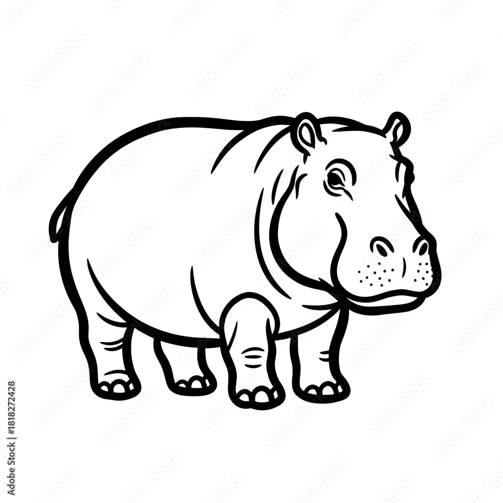 Fototapeta premium A charming black and white line art illustration captures the robust form of a hippopotamus, perfect for children's books or simple graphic designs.