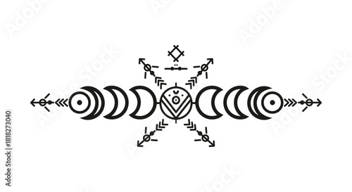 Black and White Bohemian Moon Cycle Illustration. Minimal Astrology Moon Phases Tattoo Style Graphic.
