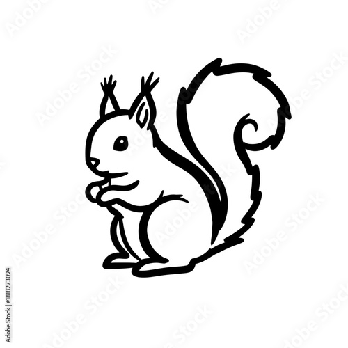 A charming hand-drawn black and white line art illustration of a cute squirrel standing with its bushy tail, perfect for children's books or nature-themed designs.