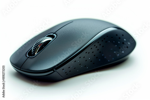 Black computer mouse with scroll wheel on white background