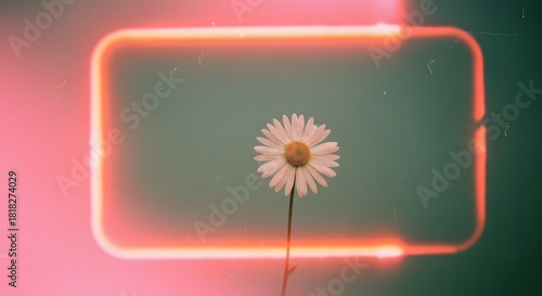 A single daisy stands out against a blurred backdrop of pink and green, framed by a glowing orange rectangle, creating a dreamy and nostalgic atmosphere