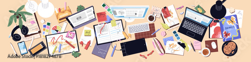 Banner with top view of messy workplace. Above of computer table with laptop, mess of books, papers, documents, stationery and things. Office desk with disorder, clutter. Flat vector illustration