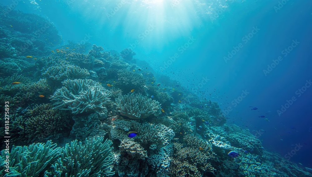 Fototapeta premium Coral reef underwater scene highlighting biodiversity, emphasizing ecological preservation awareness