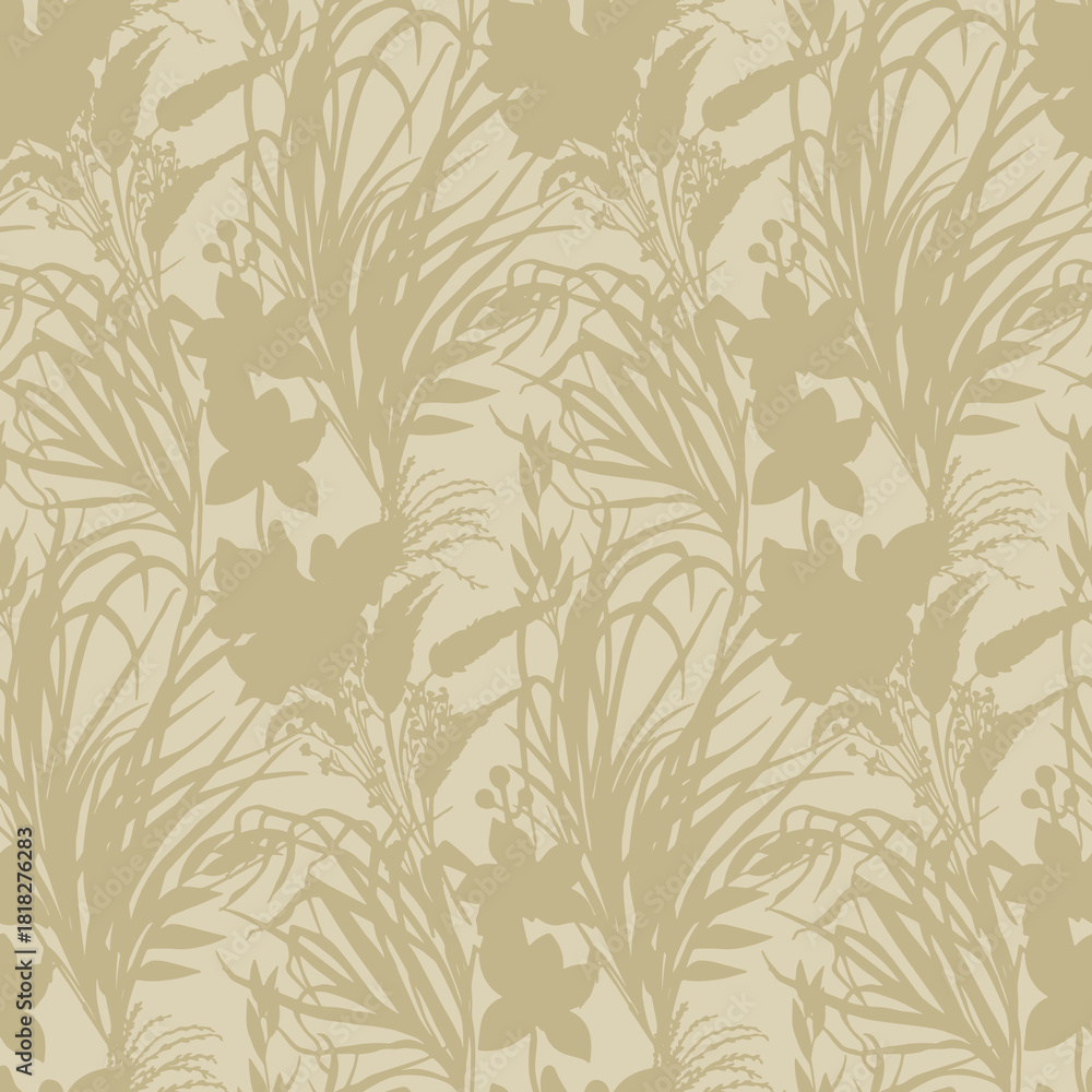 Fototapeta premium Seamless pattern with flower and plant beige silhouettes in vector. Vector illustration