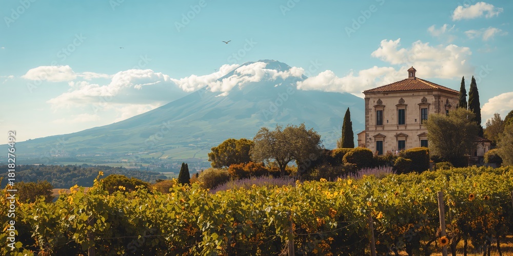 Fototapeta premium Vineyard near an ancient Roman city with Vesuvius in the background, summer travel scene, nature, wine production