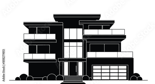 Modern luxury home with balconies and garage in sleek black design