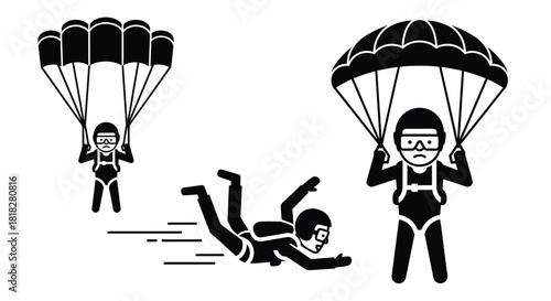 Excited skydivers falling through air with parachutes, black and white