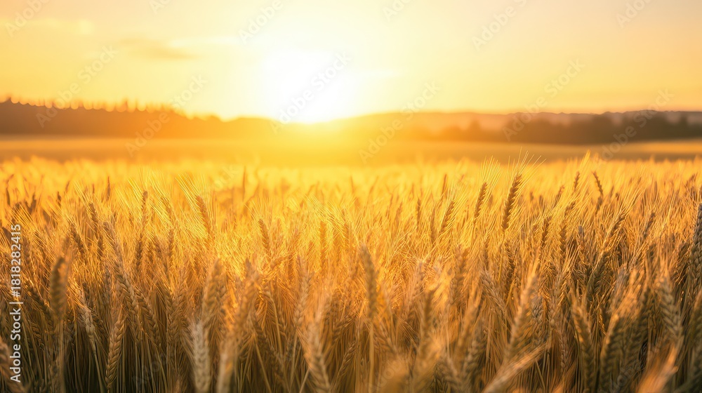 Obraz premium Golden wheat field bathed in the warm glow of a beautiful sunset, symbolizing harvest and natural beauty