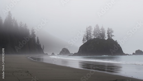Fototapeta Naklejka Na Ścianę i Meble -  Misty morning scene with pine trees along a coastal shoreline, suitable as a background for text or layout, Earth Day