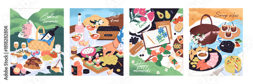 Poster designs with picnic set. Cards with eating outdoors. Food, drinks, baskets and flowers on blankets. Rest and lunch on grass in park, in nature on summer vacations. Flat vector illustrations