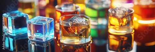 Colorful cocktails with ice, various drinks in glasses.