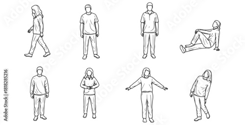 Side and front view CAD drawing of passengers  walking, standing, seated, waiting pose, stretching arms slightly, leaning posture. Vector illustration