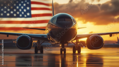 Commercial airplane on a wet tarmac at sunset with a large american flag in the background, symbolizing travel and patriotism