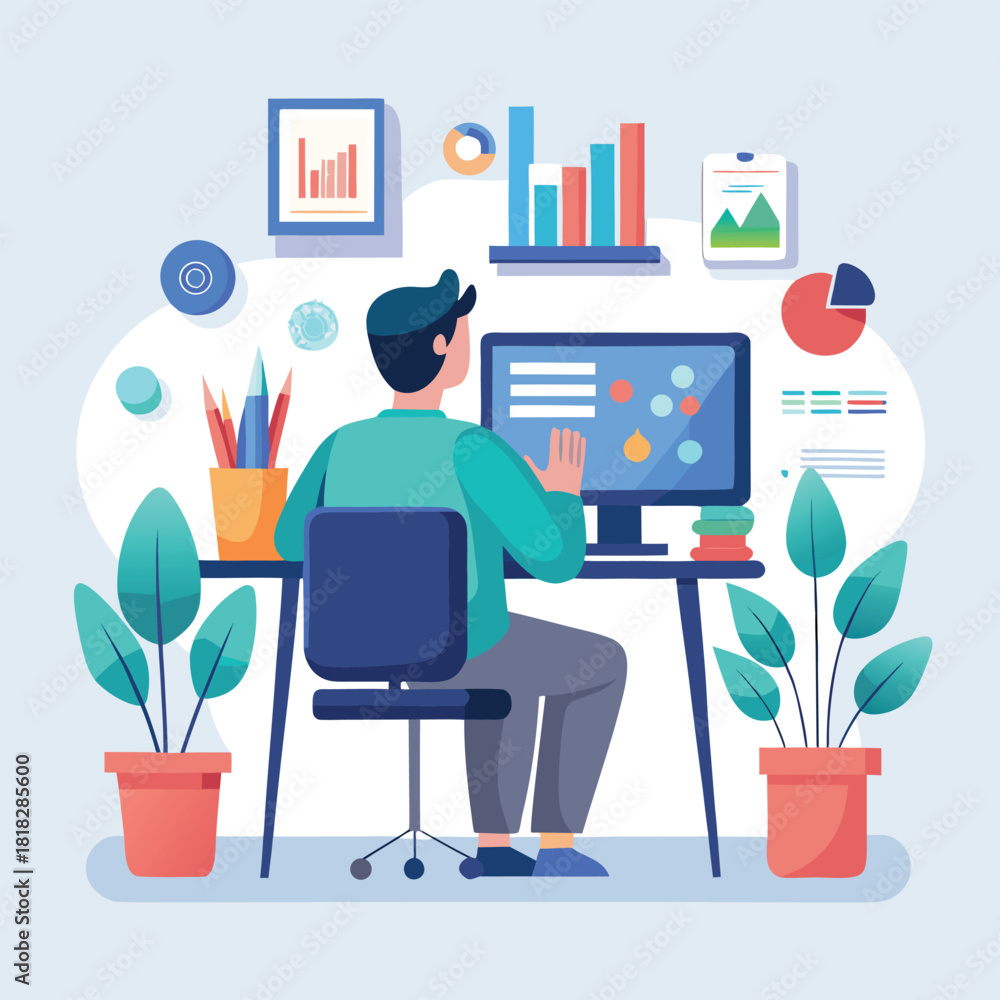 Fototapeta premium Man working at desk with computer and data visualizations