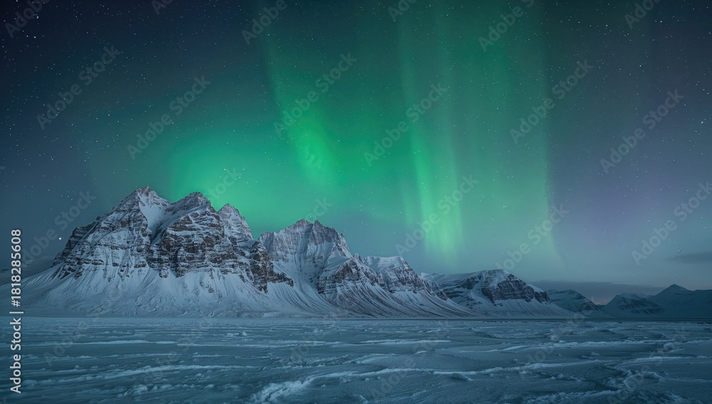 Naklejka premium Aurora Borealis over snow-covered mountains in winter, suitable for landscape backgrounds and wallpaper use