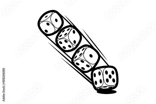 Dynamic black and white illustration of multiple dice in a downward motion, symbolizing elements of chance, fortune, and risk in games, gambling, or strategic decision-making scenarios