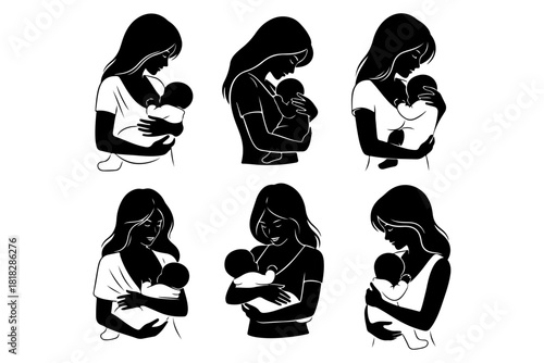 Breastfeeding Mothers Silhouette Set, Modern Illustrations for Design, Infographics, and Educational Resources
