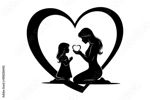 Elegant black silhouette of a mother and child sharing a heart, representing the powerful bond of maternal love, family connection, and nurturing care