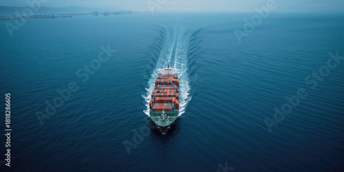 Aerial view of a cargo maritime ship with containers and contrail in the ocean, emphasizing freight shipping efficiency, World Maritime Day