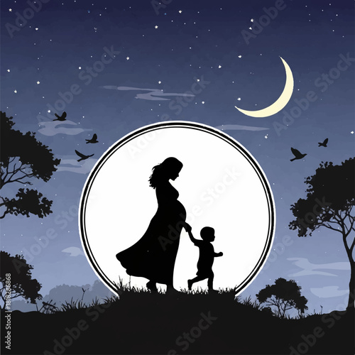 Pregnant mother and child silhouette at night under a crescent moon with birds flying