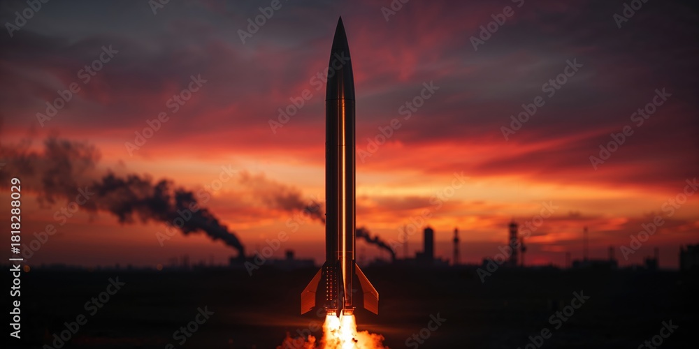 Fototapeta premium Missile defense system at sunset with missiles aimed upward, emphasizing safety measures and operational readiness