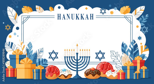 Hanukkah Menorah Celebration Frame with Gifts, Donuts, Leaves, and Festive Decorations