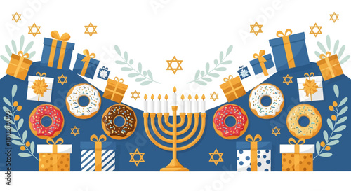Hanukkah Celebration Background with Menorah, Gifts, Donuts, and Star of David – Festive Jewish Holiday Illustration