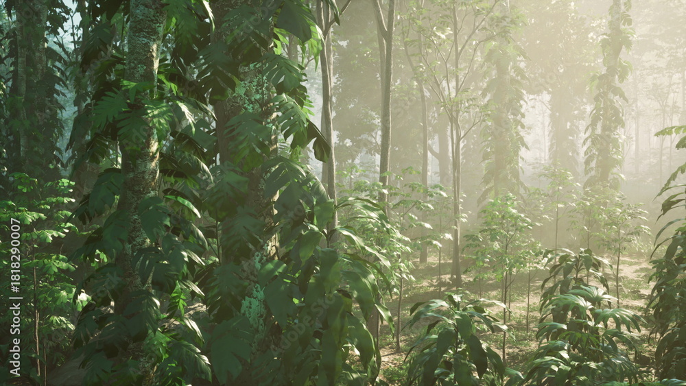 Fototapeta premium Sunlight filters softly through dense foliage, casting a warm glow over the vibrant green plants. A peaceful moment in a serene forest, capturing natures beauty and tranquility.